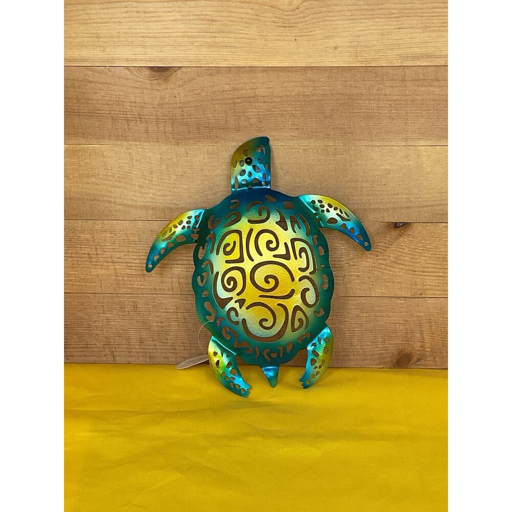 Metal Sea Turtle Wall Art Decor Cutout Teal Blue Gold Nautical Coastal